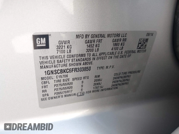 2015 Chevrolet Tahoe LT with VIN 1GNSCBKC6FR303850, listed as a IAAI auction lot 42254115 with 147,856 mi miles and . Bid and sale history available at DreamBid. Image 9.