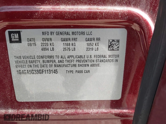 2016 Buick LaCrosse with VIN 1G4GA5G33GF113145, listed as a IAAI auction lot 42296768 with 58,374 mi miles and . Bid and sale history available at DreamBid. Image 9.