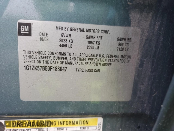 2009 Chevrolet Malibu LTZ with VIN 1G1ZK57B59F183047, listed as a Copart auction lot 51759405 with Not Provided miles and Salvage Title. Bid and sale history available at DreamBid. Image 12.