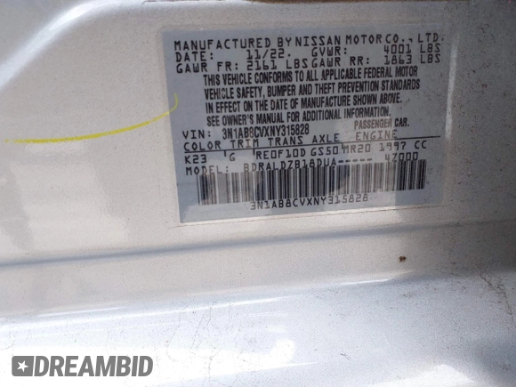 2022 Nissan Sentra SV z VIN 3N1AB8CVXNY315828, wystawiony jako IAAI lot #41688547 z przebiegiem 45 412 mil mil oraz . Historia ofert i sprzedaży dostępna na DreamBid. Obrazek 9.