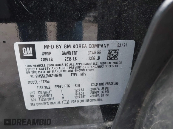 2021 Chevrolet TrailBlazer ACTIV with VIN KL79MSSL9MB160948, listed as a IAAI auction lot 41800085 with 97,034 mi miles and . Bid and sale history available at DreamBid. Image 9.