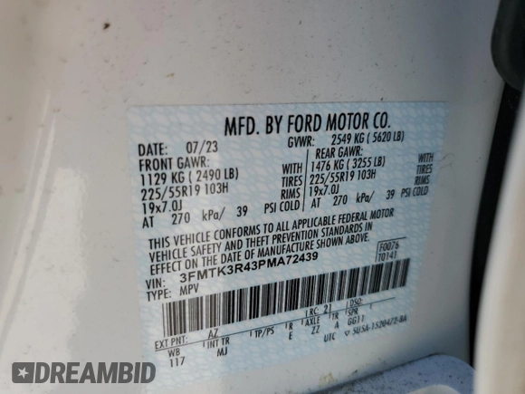 2023 Ford Mustang Mach-E Premium with VIN 3FMTK3R43PMA72439, listed as a Copart auction lot 57874145 with 21,282 mi miles and Salvage title. Bid and sale history available at DreamBid. Image 13.