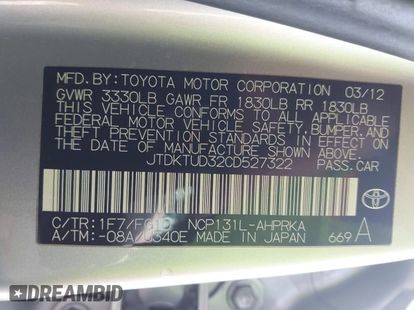 2012 Toyota Yaris L with VIN JTDKTUD32CD527322, listed as a IAAI auction lot 42053644 with 115,444 mi miles and . Bid and sale history available at carsss.com. Image 9.