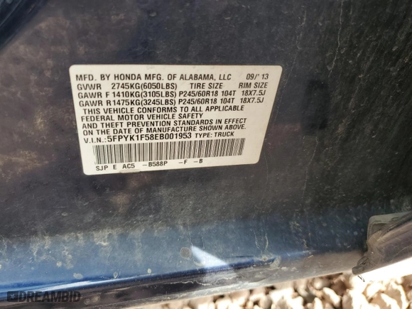 2014 Honda Ridgeline RTL with VIN 5FPYK1F58EB001953, listed as a Copart auction lot 49433875 with 191,094 mi miles and Salvage Title. Bid and sale history available at carsss.com. Image 12.
