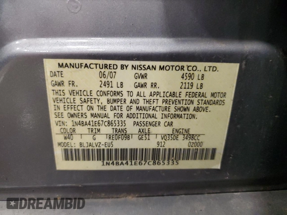 2007 Nissan Maxima 3.5 SE with VIN 1N4BA41E67C865335, listed as a Copart auction lot 70310494 with 187,886 mi miles and Clean Title. Bid and sale history available at carsss.com. Image 12.