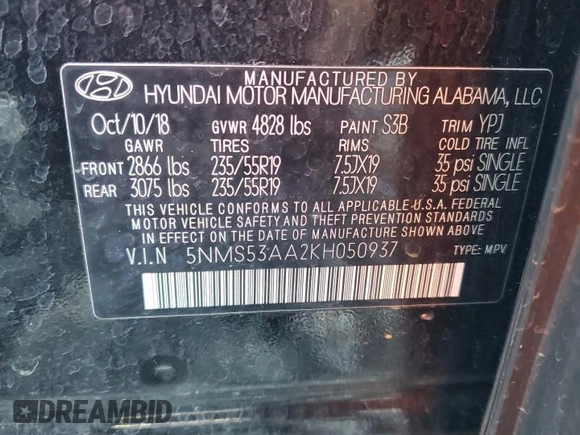 2019 Hyundai Santa Fe Ultimate with VIN 5NMS53AA2KH050937, listed as a Copart auction lot 87272074 with 40,286 mi miles and Salvage Title. Bid and sale history available at carsss.com. Image 16.