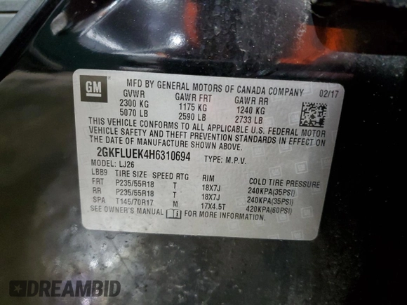 2017 GMC Terrain SLT with VIN 2GKFLUEK4H6310694, listed as a Copart auction lot 46042645 with 106,840 mi miles and Salvage Title. Bid and sale history available at DreamBid. Image 15.