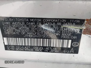 2007 Lexus IS 250 z VIN JTHBK262272032923, wystawiony jako IAAI lot #42449996 z przebiegiem 162 138 mil mil oraz . Historia ofert i sprzedaży dostępna na DreamBid. Obrazek 9.