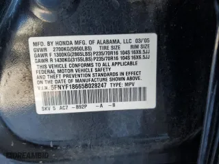2005 Honda Pilot EX-L with RES with VIN 5FNYF18665B028247, listed as a Copart auction lot 87812355 with 211,331 mi miles and Salvage Title. Bid and sale history available at carsss.com. Image 12.