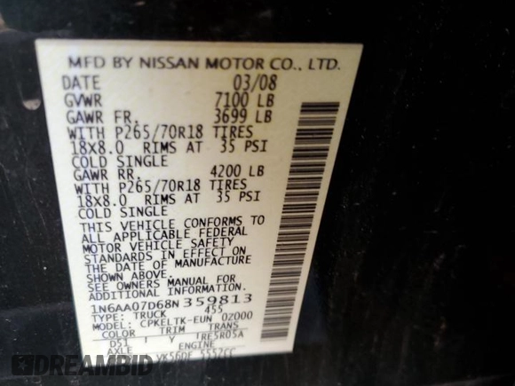 2008 Nissan Titan XE with VIN 1N6AA07D68N359813, listed as a Copart auction lot 43197685 with 136,828 mi miles and Salvage Title. Bid and sale history available at carsss.com. Image 12.