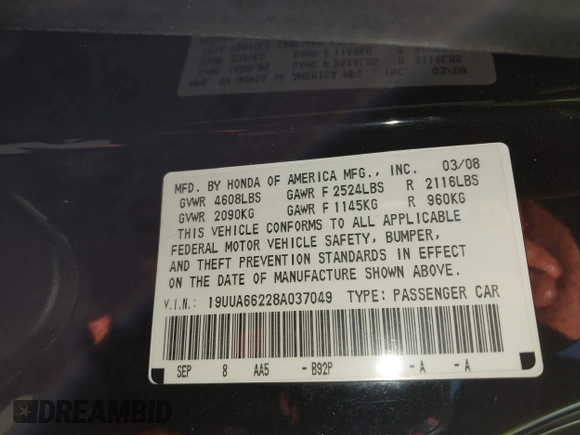 2008 Acura TL with VIN 19UUA66228A037049, listed as a IAAI auction lot 41379731 with 175,384 mi miles. Bid and sale history available at carsss.com. Image 9.