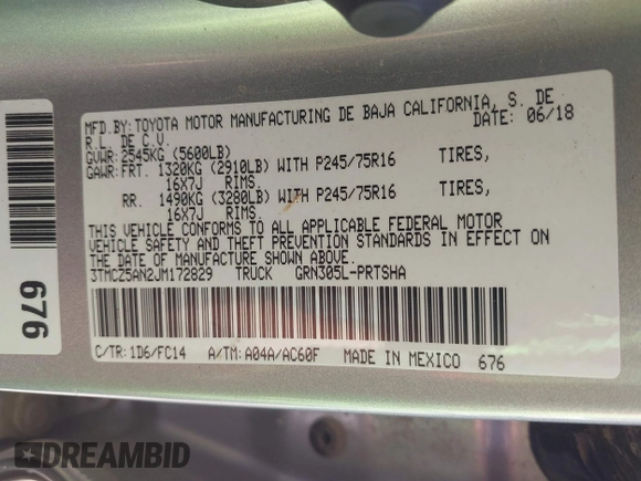2018 Toyota Tacoma SR with VIN 3TMCZ5AN2JM172829, listed as a IAAI auction lot 42073847 with 136,671 mi miles and . Bid and sale history available at carsss.com. Image 9.