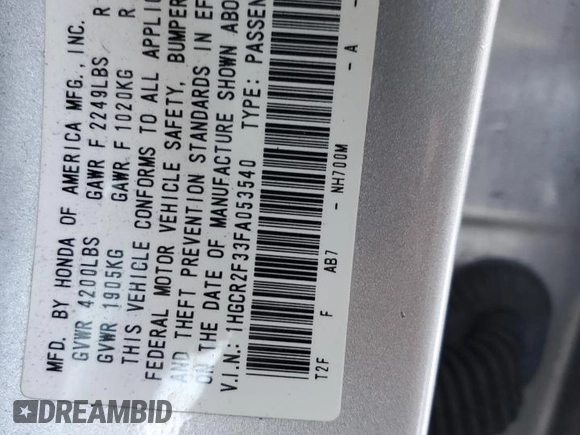 2015 Honda Accord Sedan LX with VIN 1HGCR2F33FA053540, listed as a Copart auction lot 85007474 with 108,413 mi miles and Salvage Title. Bid and sale history available at carsss.com. Image 12.