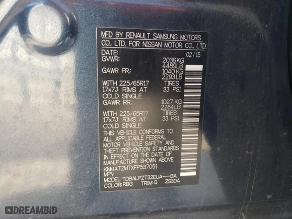 2015 Nissan Rogue S with VIN KNMAT2MTXFP537051, listed as a Copart auction lot 45893175 with 88,665 mi miles and Salvage Title. Bid and sale history available at carsss.com. Image 14.