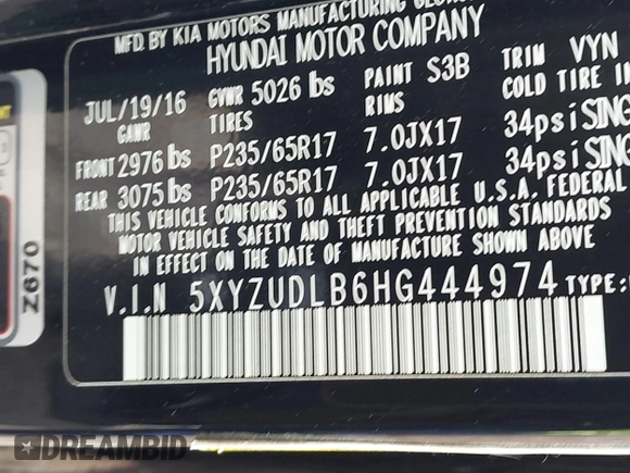 2017 Hyundai Santa Fe 2.4L with VIN 5XYZUDLB6HG444974, listed as a IAAI auction lot 42624735 with 59,075 mi miles and . Bid and sale history available at DreamBid. Image 9.