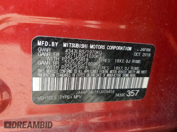 2019 Mitsubishi Outlander ES z VIN JA4AP3AU1KU009458, wystawiony jako Copart lot #60394435 z przebiegiem 208 365 mil mil oraz Czysty tytuł • Clean title. Historia ofert i sprzedaży dostępna na DreamBid. Obrazek 12.