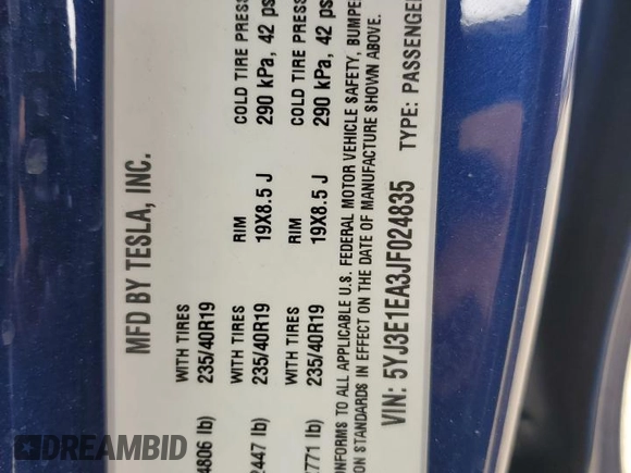 2018 Tesla Model 3 Long Range Battery with VIN 5YJ3E1EA3JF024835, listed as a Copart auction lot 53510345 with 197,560 mi miles and Salvage Title. Bid and sale history available at DreamBid. Image 13.