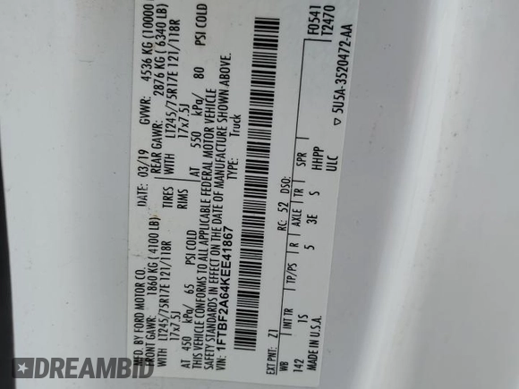 2019 Ford Super Duty F-250 SRW XL with VIN 1FTBF2A64KEE41867, listed as a Copart auction lot 44643375 with 185,968 mi miles and Salvage Title. Bid and sale history available at carsss.com. Image 12.