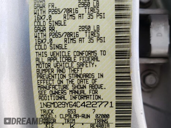 2004 Nissan Frontier SC z VIN 1N6MD29Y64C422771, wystawiony jako Copart lot #47132115 z przebiegiem 151 009 mil mil oraz Szkoda całkowita • Salvage title. Historia ofert i sprzedaży dostępna na DreamBid. Obrazek 15.
