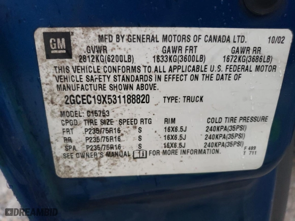 2003 Chevrolet Silverado 1500 LS with VIN 2GCEC19X531188820, listed as a Copart auction lot 89320035 with 260,051 mi miles and Salvage Title. Bid and sale history available at carsss.com. Image 12.