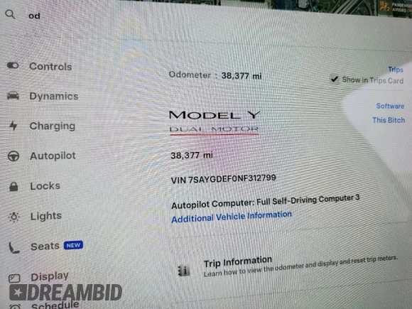 2022 Tesla Model Y Performance с VIN 7SAYGDEF0NF312799, выставлен на аукционе Copart как лот 55165915 с пробегом 38 377 миль миль и Чистый • Clean title. История ставок и продаж доступна на DreamBid. Изображение 9.