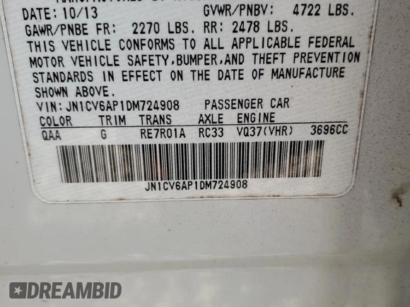2013 Infiniti G37 Journey with VIN JN1CV6AP1DM724908, listed as a Copart auction lot 53789015 with 114,986 mi miles and Salvage Title. Bid and sale history available at DreamBid. Image 13.
