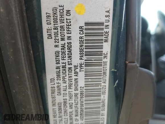 1998 Subaru Legacy Outback with VIN 4S3BG6859W7608512, listed as a Copart auction lot 47097145 with 274,288 mi miles and Salvage title. Bid and sale history available at DreamBid. Image 13.