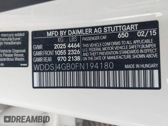 2015 Mercedes-Benz CLA 250 with VIN WDDSJ4GB0FN194180, listed as a IAAI auction lot 42126862 with 118,281 mi miles and . Bid and sale history available at DreamBid. Image 9.