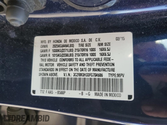 2015 Honda CR-V LX with VIN 3CZRM3H33FG704686, listed as a Copart auction lot 54966355 with 105,521 mi miles and Clean Title. Bid and sale history available at carsss.com. Image 13.