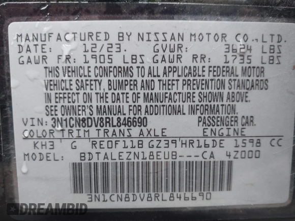 2024 Nissan Versa S with VIN 3N1CN8DV8RL846690, listed as a IAAI auction lot 41480567 with 28,643 mi miles and . Bid and sale history available at DreamBid. Image 9.