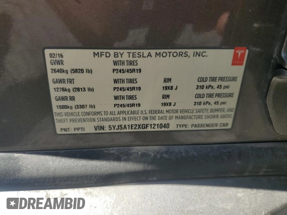 2016 Tesla Model S 90D with VIN 5YJSA1E2XGF121040, listed as a Copart auction lot 53612085 with 158,710 mi miles and Salvage Title. Bid and sale history available at DreamBid. Image 14.