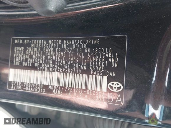 2019 Toyota Corolla L z VIN 5YFBURHE7KP862710, wystawiony jako IAAI lot #42136095 z przebiegiem 108 270 mil mil oraz . Historia ofert i sprzedaży dostępna na DreamBid. Obrazek 9.