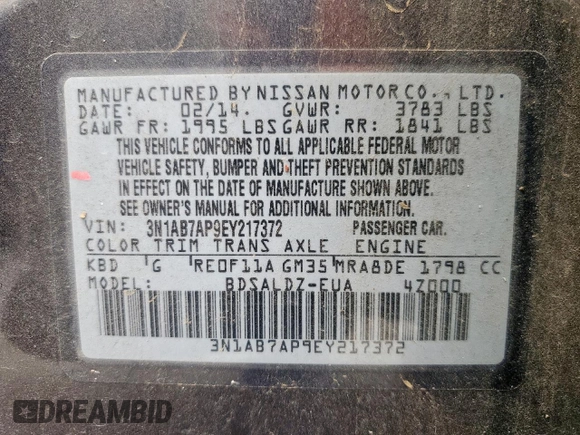 2014 Nissan Sentra SV with VIN 3N1AB7AP9EY217372, listed as a Copart auction lot 56217665 with 103,304 mi miles and Clean title. Bid and sale history available at DreamBid. Image 12.