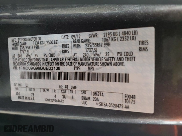 2013 Ford Escape SE with VIN 1FMCU9G96DUB33138, listed as a Copart auction lot 61851665 with 148,742 mi miles and Salvage title. Bid and sale history available at DreamBid. Image 13.