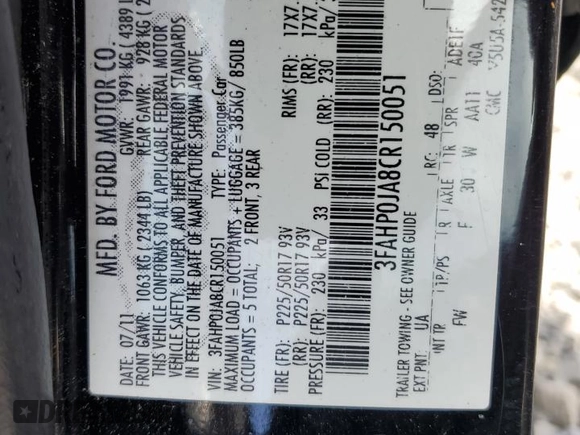 2012 Ford Fusion SEL with VIN 3FAHP0JA8CR150051, listed as a Copart auction lot 50706575 with 155,583 mi miles and Salvage Title. Bid and sale history available at DreamBid. Image 12.