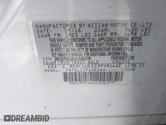 2018 Nissan Kicks S with VIN 3N1CP5CU6JL536379, listed as a IAAI auction lot 41523736 with 110,621 mi miles. Bid and sale history available at carsss.com. Image 9.