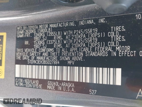 2011 Toyota Highlander Limited with VIN 5TDYK3EH3BS027884, listed as a IAAI auction lot 42527160 with 310,068 mi miles and . Bid and sale history available at DreamBid. Image 9.