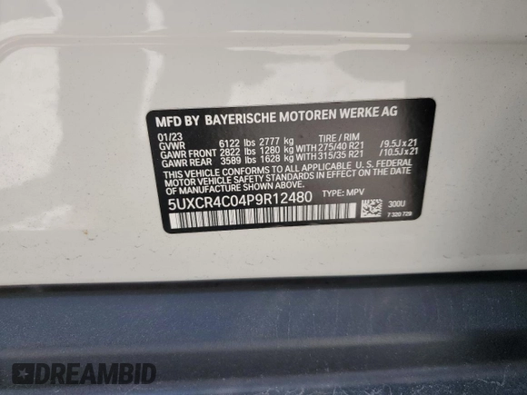 2023 BMW X5 sDrive40i with VIN 5UXCR4C04P9R12480, listed as a Copart auction lot 61082815 with 17,249 mi miles and Salvage title. Bid and sale history available at DreamBid. Image 13.