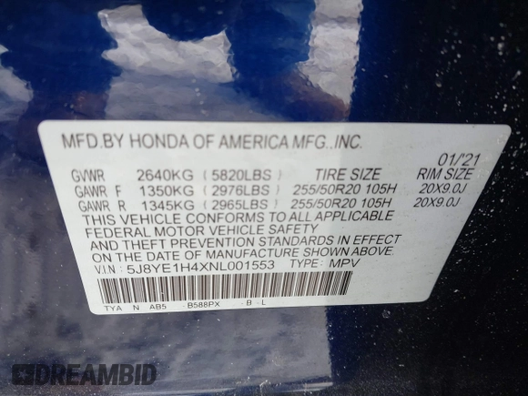 2022 Acura MDX Technology with VIN 5J8YE1H4XNL001553, listed as a IAAI auction lot 41617877 with 41,244 mi miles and . Bid and sale history available at DreamBid. Image 9.
