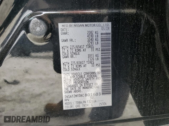 2019 Nissan Rogue SL with VIN 5N1AT2MT0KC801603, listed as a Copart auction lot 50961375 with 81,376 mi miles and Salvage Title. Bid and sale history available at DreamBid. Image 13.