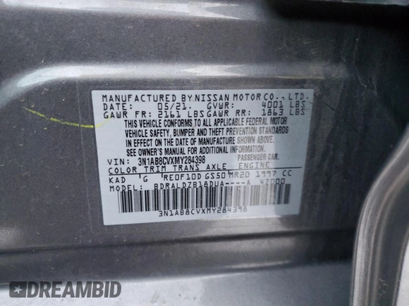 2021 Nissan Sentra SV with VIN 3N1AB8CVXMY284398, listed as a Copart auction lot 41612605 with 87,665 mi miles and Salvage Title. Bid and sale history available at carsss.com. Image 14.