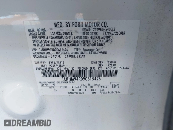 2009 Lincoln MKS с VIN 1LNHM94R09G615426, выставлен на аукционе IAAI как лот 41442882 с пробегом 184 615 миль миль и . История ставок и продаж доступна на DreamBid. Изображение 9.