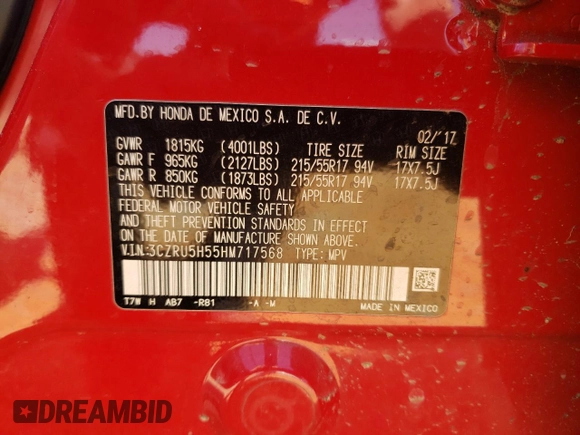 2017 Honda HR-V EX with VIN 3CZRU5H55HM717568, listed as a Copart auction lot 49327835 with 144,554 mi miles and Salvage Title. Bid and sale history available at DreamBid. Image 14.
