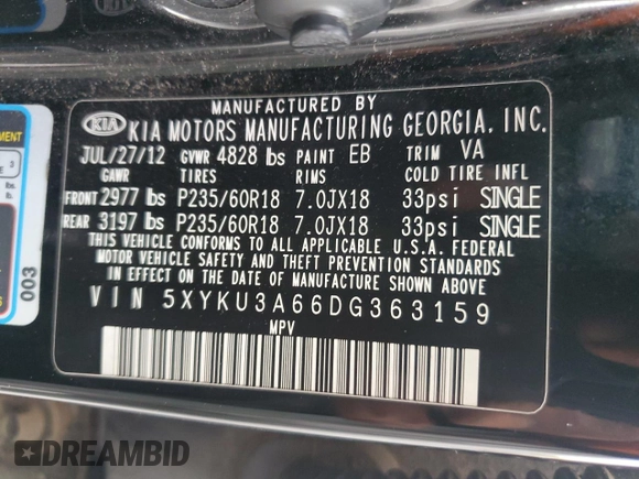 2013 Kia Sorento EX with VIN 5XYKU3A66DG363159, listed as a Copart auction lot 50256185 with 98,934 mi miles and Clean Title. Bid and sale history available at DreamBid. Image 13.