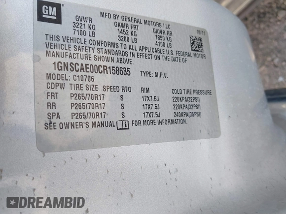 2012 Chevrolet Tahoe LS с VIN 1GNSCAE00CR158635, выставлен на аукционе IAAI как лот 41455831 с пробегом 175 575 миль миль и . История ставок и продаж доступна на DreamBid. Изображение 9.