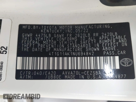 2022 Toyota Camry SE with VIN 4T1G11AK1NU694842, listed as a IAAI auction lot 42236424 with 52,335 mi miles and . Bid and sale history available at DreamBid. Image 9.