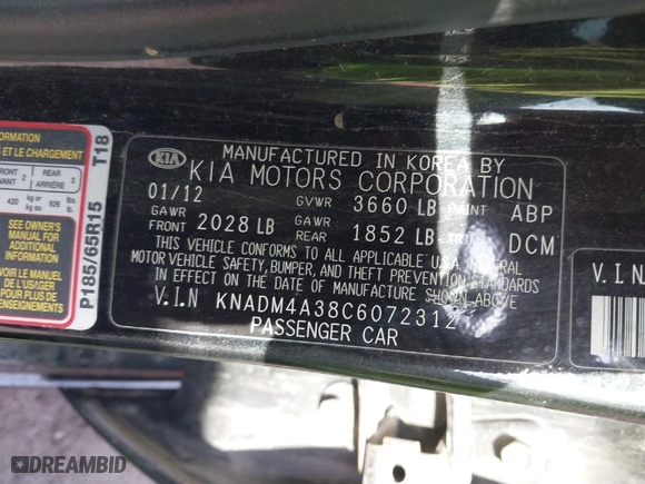 2012 Kia Rio LX with VIN KNADM4A38C6072312, listed as a IAAI auction lot 41514498 with 128,307 mi miles. Bid and sale history available at carsss.com. Image 9.