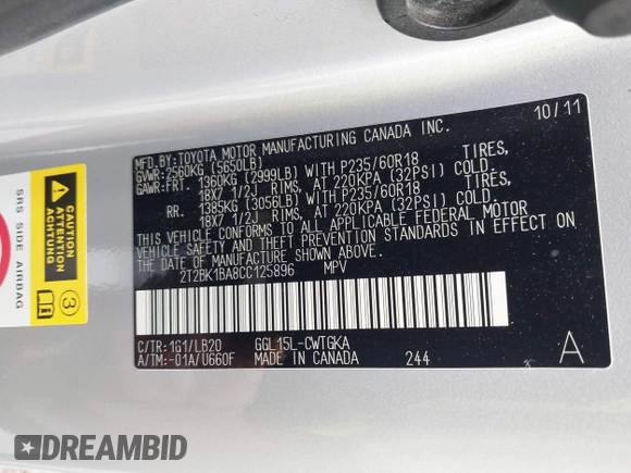 2012 Lexus RX 350 z VIN 2T2BK1BA8CC125896, wystawiony jako IAAI lot #42172775 z przebiegiem 151 531 mil mil oraz . Historia ofert i sprzedaży dostępna na DreamBid. Obrazek 9.