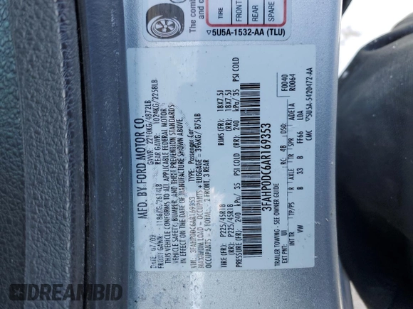 2010 Ford Fusion SPORT with VIN 3FAHP0DC6AR169353, listed as a Copart auction lot 89013355 with 117,063 mi miles and Non Repairable. Bid and sale history available at carsss.com. Image 12.