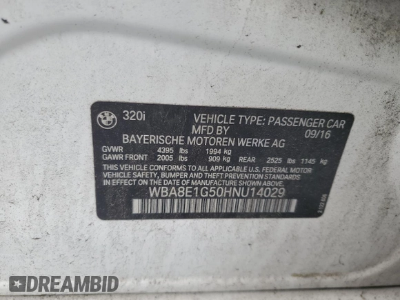 2017 BMW 3 Series 320i with VIN WBA8E1G50HNU14029, listed as a Copart auction lot 48386015 with 87,852 mi miles and Salvage Title. Bid and sale history available at carsss.com. Image 13.